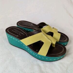 Donald J‎ Pliner 'Shelee' Platform Wedge Toe Loop Sandals Yellow Teal US 9.5